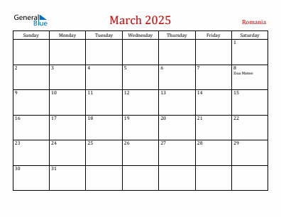 Current month calendar with Romania holidays for March 2025