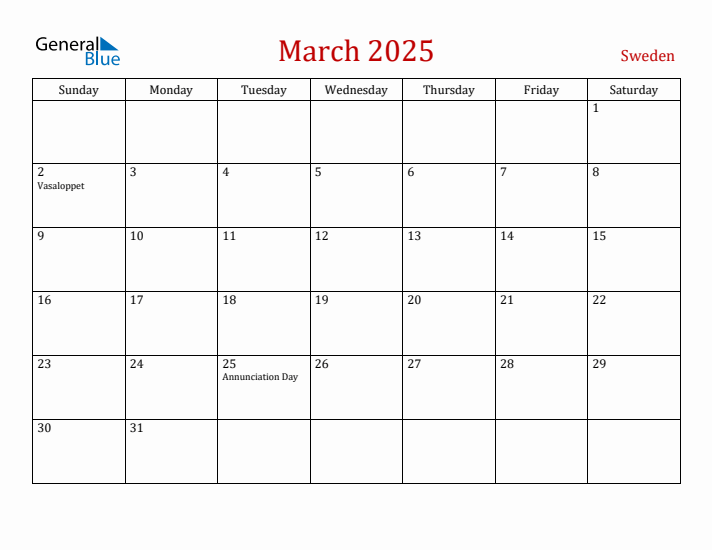 Sweden March 2025 Calendar - Sunday Start