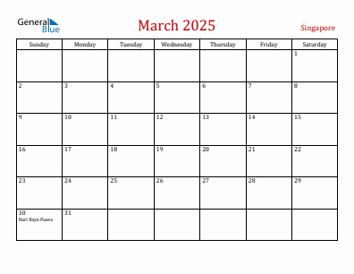 Current month calendar with Singapore holidays for March 2025