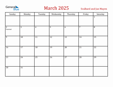 Current month calendar with Svalbard and Jan Mayen holidays for March 2025