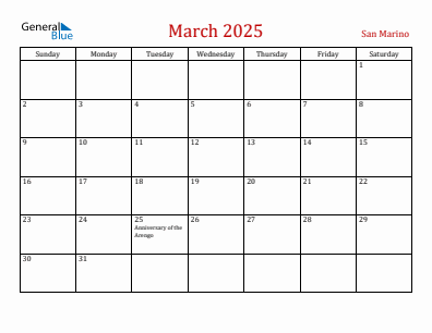 Current month calendar with San Marino holidays for March 2025