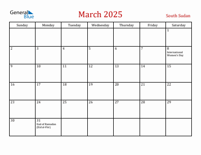 Current month calendar with South Sudan holidays for March 2025