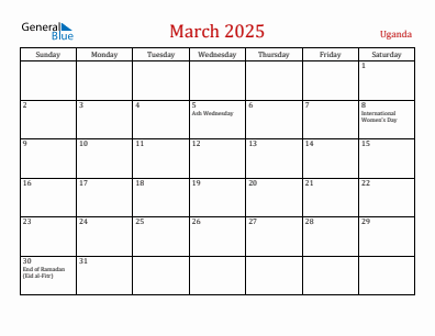 Current month calendar with Uganda holidays for March 2025