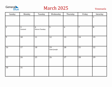 Current month calendar with Venezuela holidays for March 2025