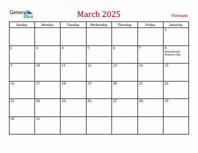 Current month calendar with Vietnam holidays for March 2025