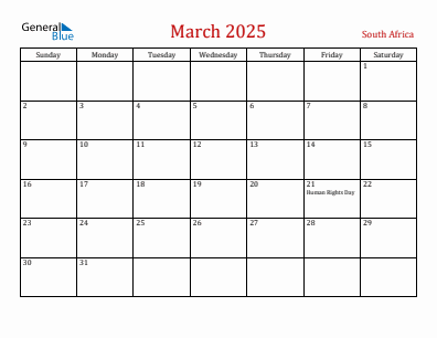 Current month calendar with South Africa holidays for March 2025