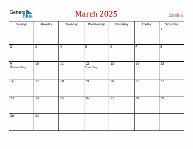 Current month calendar with Zambia holidays for March 2025