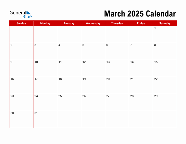 Simple Monthly Calendar - March 2025