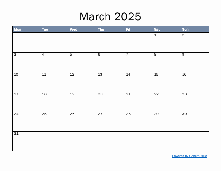 March 2025 Simple Month Calendar Template