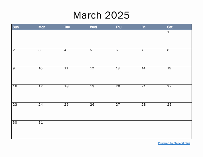 March 2025 Simple Month Calendar Template