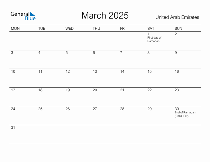 Printable March 2025 Calendar for United Arab Emirates