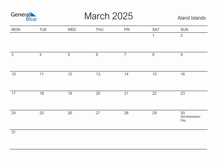 Printable March 2025 Calendar for Aland Islands