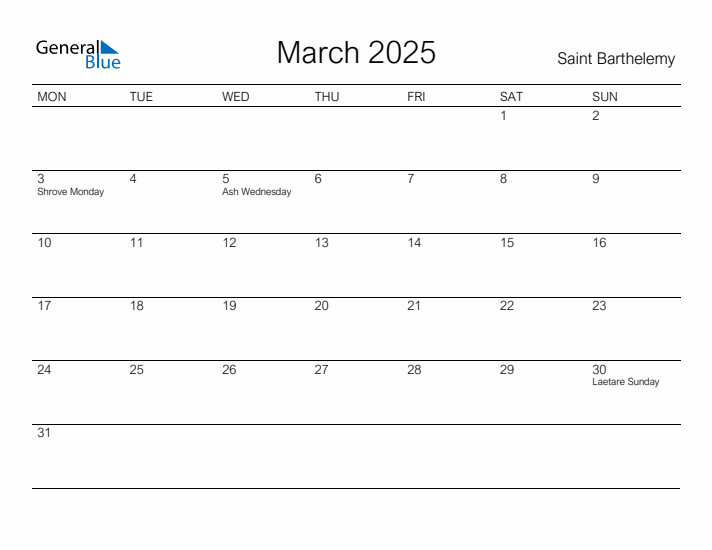 Printable March 2025 Calendar for Saint Barthelemy