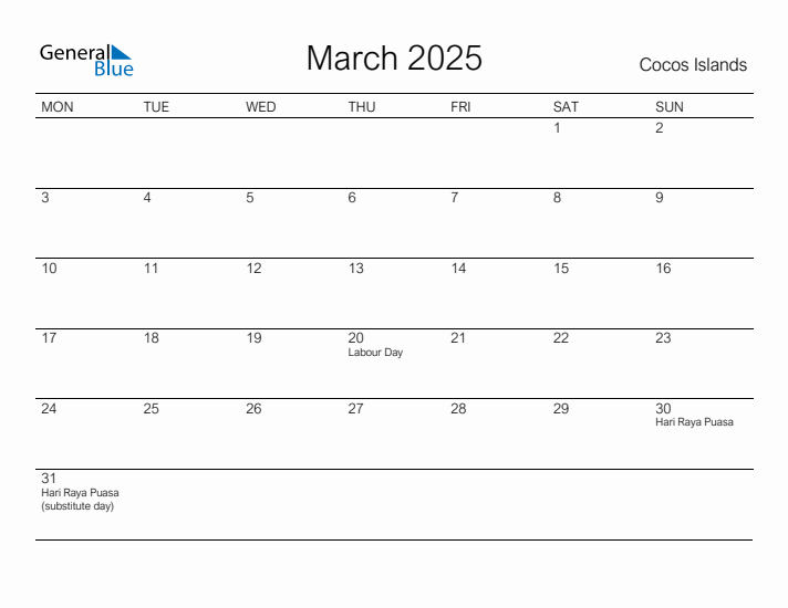 Printable March 2025 Calendar for Cocos Islands