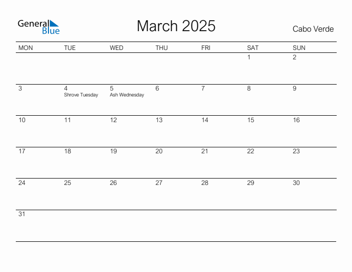 Printable March 2025 Calendar for Cabo Verde