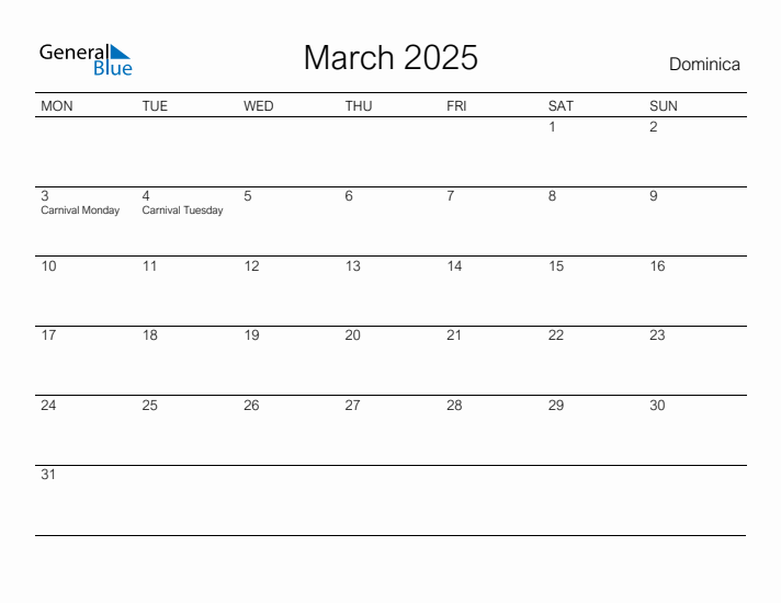 Printable March 2025 Calendar for Dominica