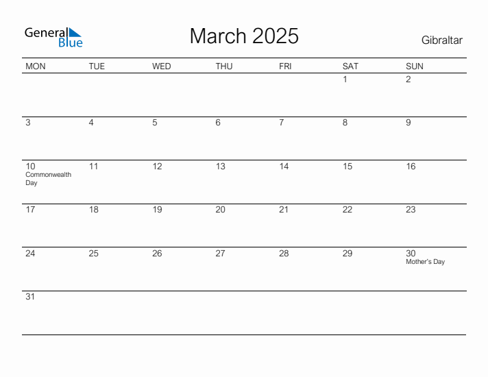 Printable March 2025 Calendar for Gibraltar