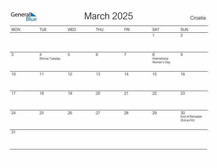 Printable March 2025 Calendar for Croatia