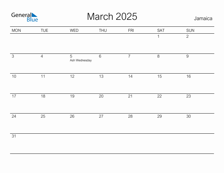 Printable March 2025 Calendar for Jamaica