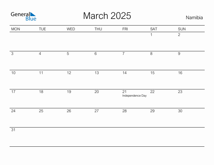 Printable March 2025 Calendar for Namibia