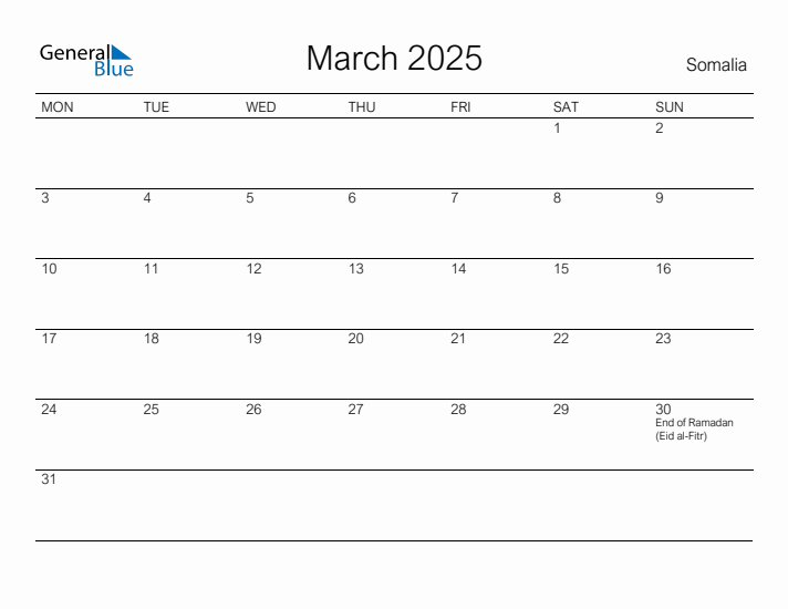 Printable March 2025 Calendar for Somalia