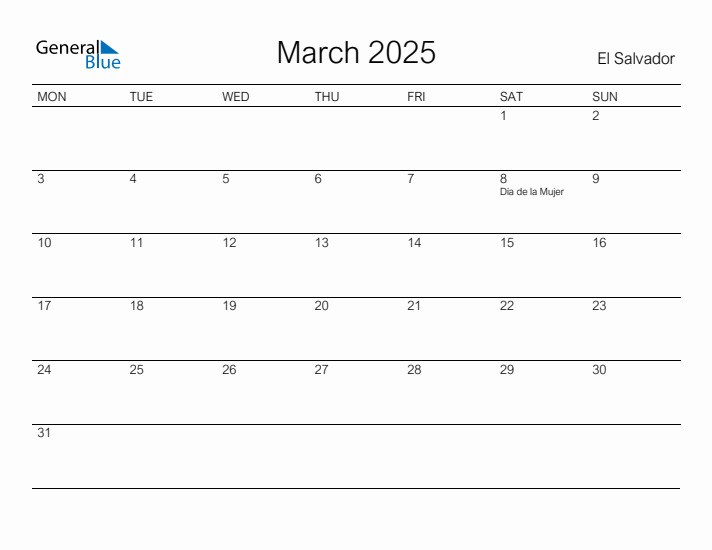 Printable March 2025 Calendar for El Salvador