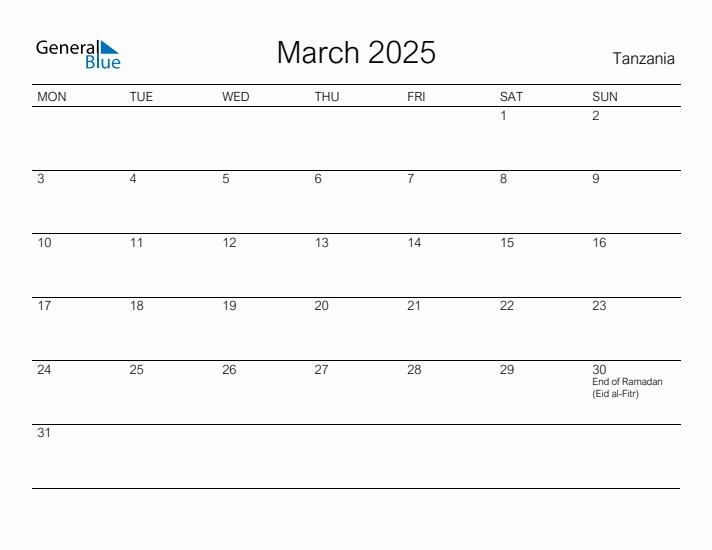 Printable March 2025 Calendar for Tanzania