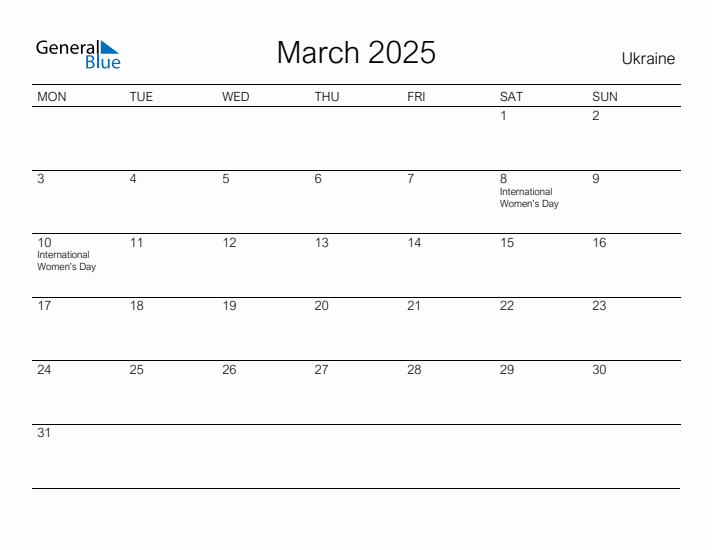 Printable March 2025 Calendar for Ukraine