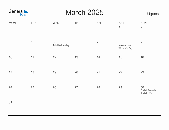 Printable March 2025 Calendar for Uganda