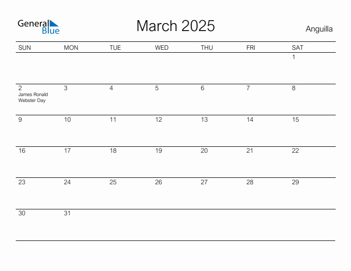 Printable March 2025 Calendar for Anguilla