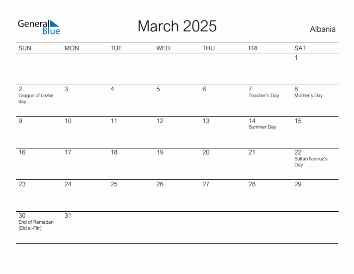 Printable March 2025 Calendar for Albania