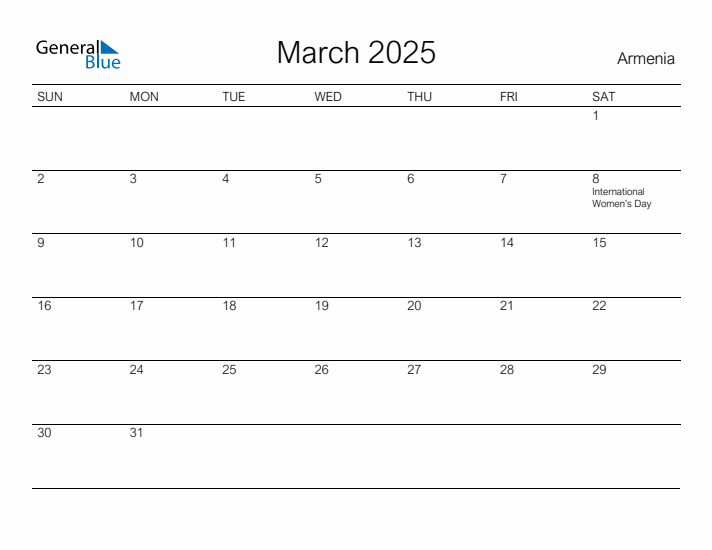 Printable March 2025 Calendar for Armenia