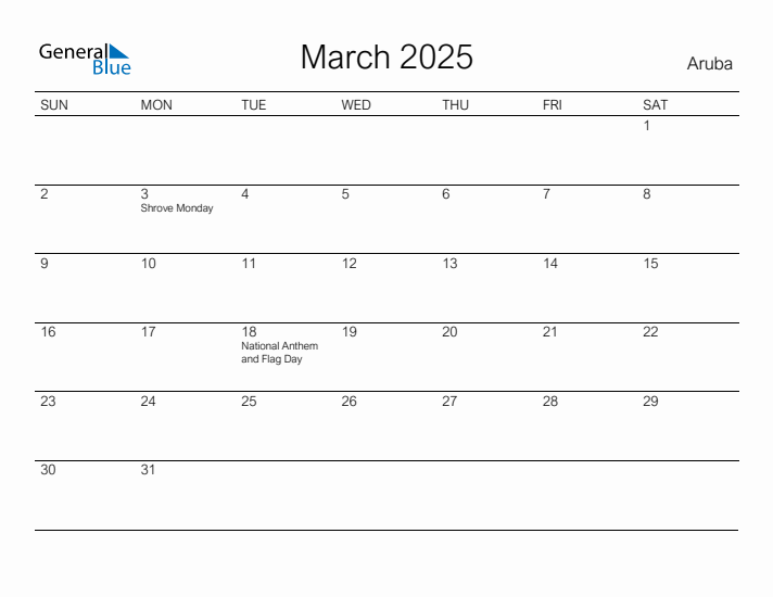 Printable March 2025 Calendar for Aruba