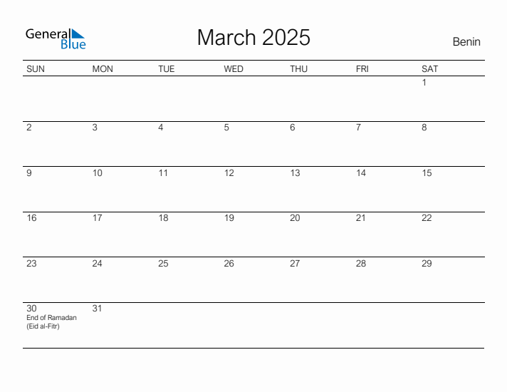 Printable March 2025 Calendar for Benin