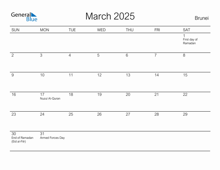 Printable March 2025 Calendar for Brunei