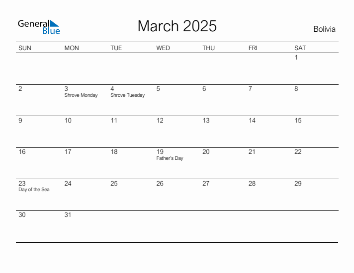 Printable March 2025 Calendar for Bolivia