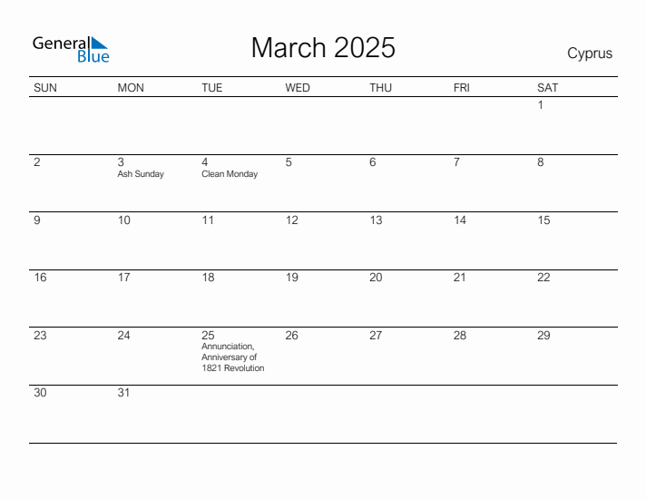 Printable March 2025 Calendar for Cyprus