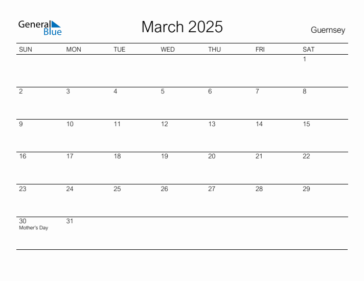 Printable March 2025 Calendar for Guernsey