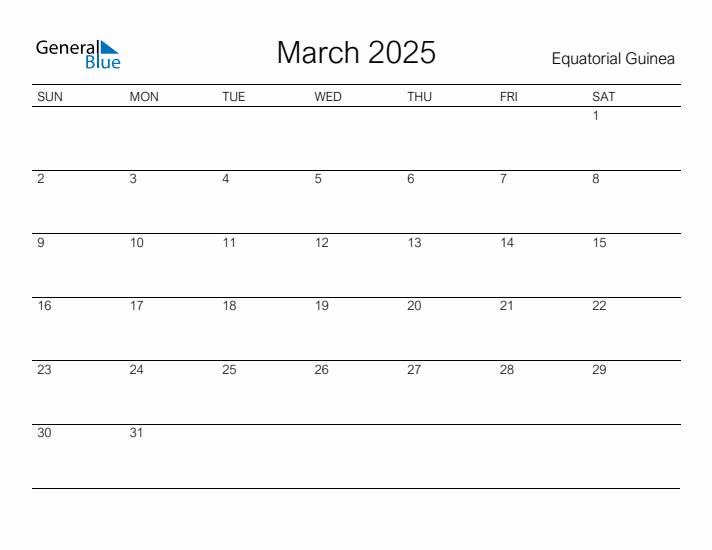 Printable March 2025 Calendar for Equatorial Guinea