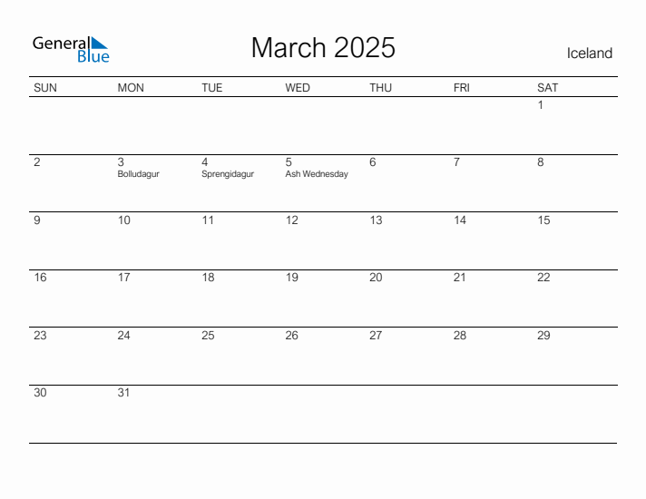 Printable March 2025 Calendar for Iceland