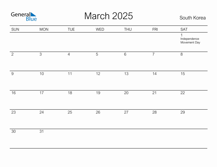 Printable March 2025 Calendar for South Korea