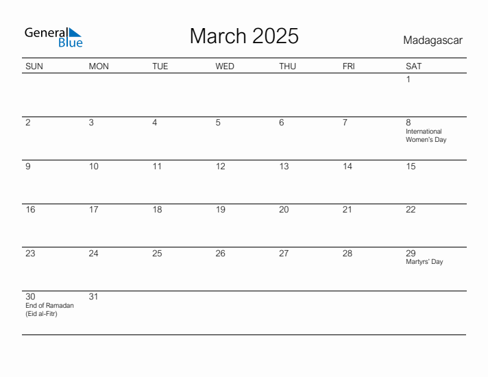 Printable March 2025 Calendar for Madagascar