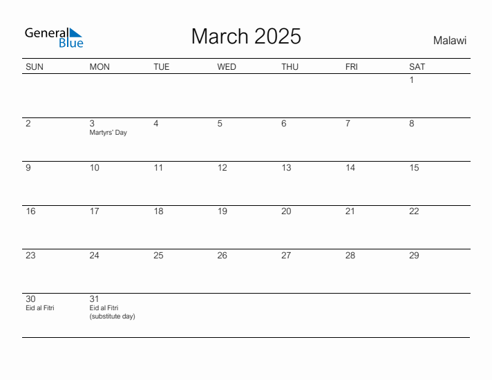 Printable March 2025 Calendar for Malawi