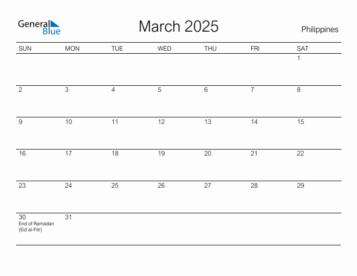 Printable March 2025 Calendar for Philippines