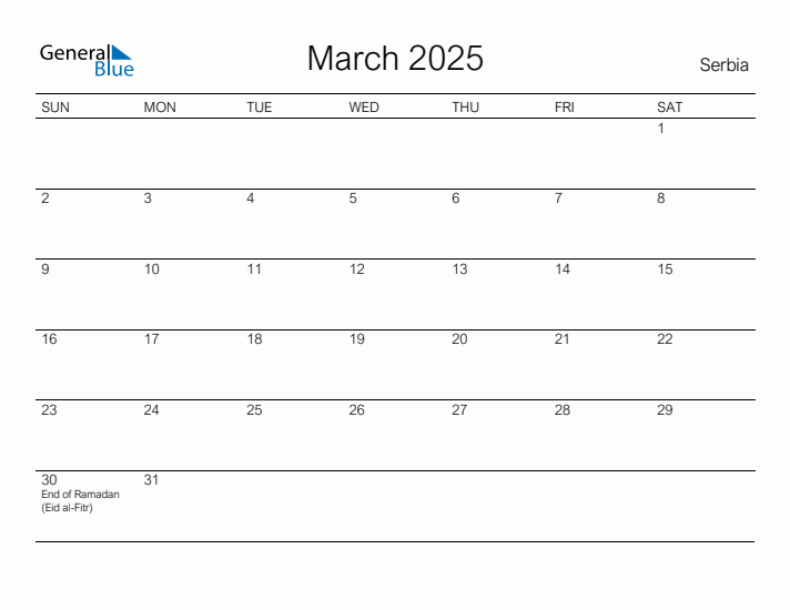 Printable March 2025 Calendar for Serbia