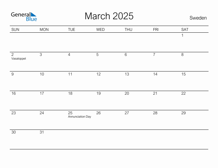 Printable March 2025 Calendar for Sweden