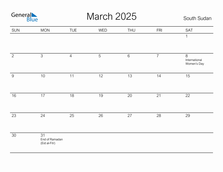 Printable March 2025 Calendar for South Sudan