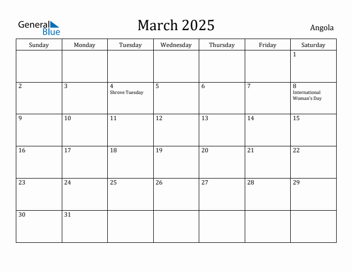 March 2025 Calendar Angola