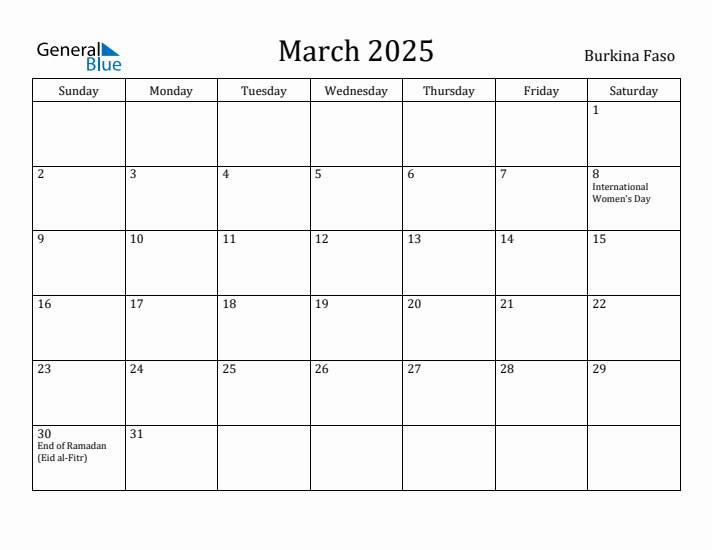 March 2025 Calendar Burkina Faso