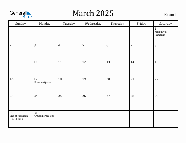 March 2025 Calendar Brunei